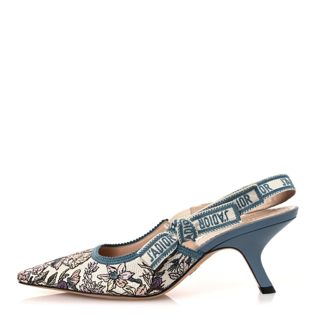 ディオール キャンバス 刺繍 フロリレージョ J'Adior スリングバック 65mm パンプス 38 ブルー マルチカラー (代金引換)